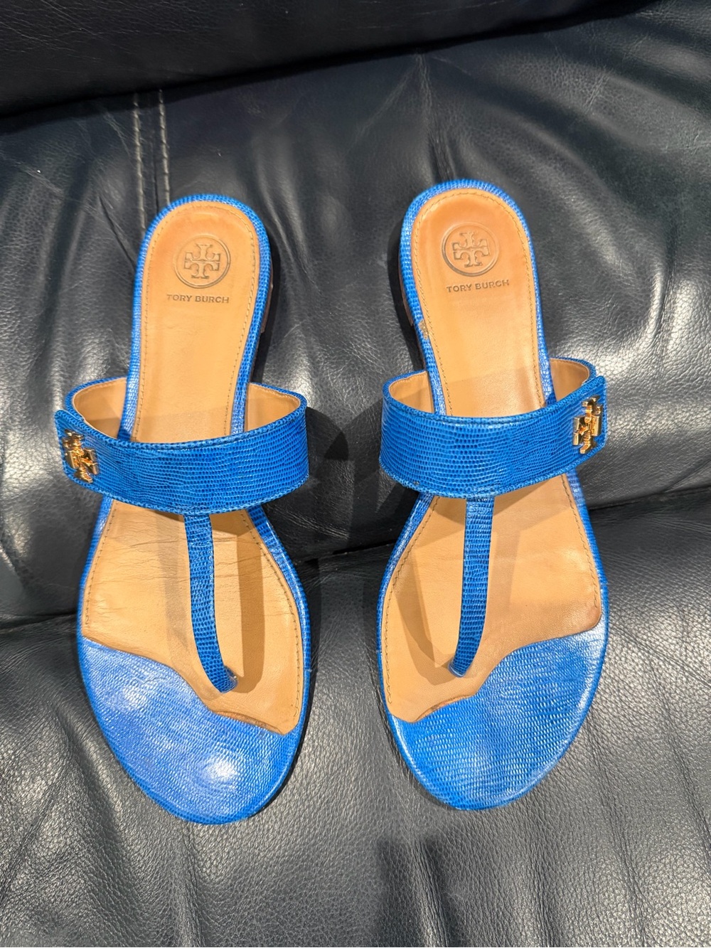 Tory Burch Electric Blue Leather T-Strap Sandals with Gold Logo